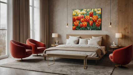 Bedroom design. large bed, painting with tulips on the wall, pastel colors, large window, chair near the bed