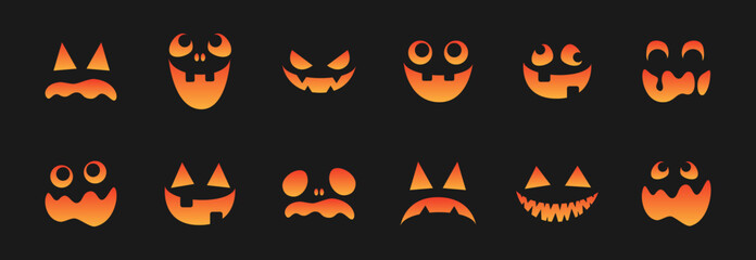 Scary Monster Faces Set. Jack O Lantern Face Halloween Pumpkin Icon Collection. Simple Creepy Horror Illustrations.