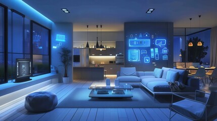 A smart home living room with integrated technology, sleek furniture, minimalist decor, and modern lighting, creating a connected and futuristic living space