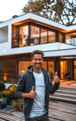 Fototapeta premium Cheerful Man Giving Thumbs Up in Front of Modern House During Sunset