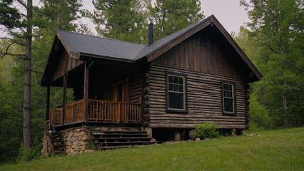 Obraz premium an old wooden house stands in the mountains in the middle of a forest