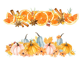 Watercolor autumn set of compositions with pumpkins and leaves in orange and blue colors