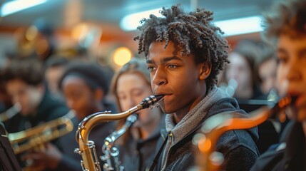 Students playing musical instruments in school band practice