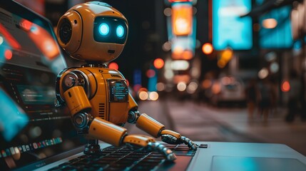 Digital Illustration of a Robot Working on a Laptop Computer.