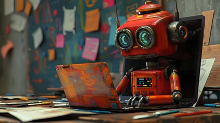 Fototapeta premium Digital Illustration of a Robot Working on a Laptop Computer.