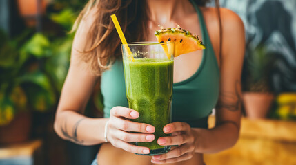 Fototapeta premium A woman is holding a green smoothie with a straw and a slice of pineapple on top