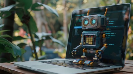 Fototapeta premium Digital Illustration of a Robot Working on a Laptop Computer.