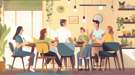 A group of people are sitting around a dining table, eating and talking