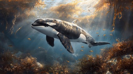 Killer whale hunting in kelp forest, weaving between seaweed, small fish, predatory elegance, agility, dynamic underwater, vivid setting.