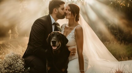 Romantic Outdoor Wedding Couples Portrait With Dog in Soft Golden Light