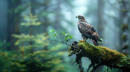 Obraz premium Perched on a moss-covered tree branch in a foggy forest, an eagle peers through the dense mist.