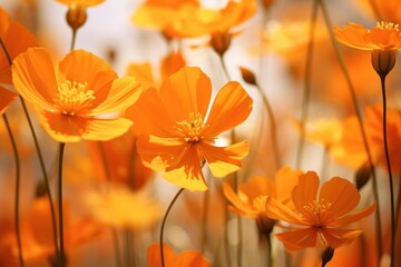Fototapeta premium Warm, sunlit field of blooming orange cosmos flowers