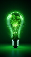 A green light bulb with the future energy generation industry. Green energy innovation concept.