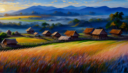 Rice fields in the morning and a small house in the middle of the rice fields in the countryside.