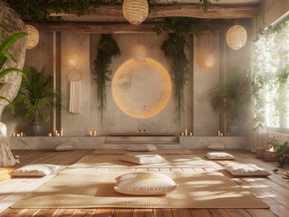 mystical yoga studio mockup serene spa retreat with yoga mats candles soft sunlight windows large circle wall art wood floor meditation room sacred space serene getaway sanctuary interior design