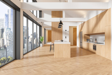Modern, spacious kitchen with city view and wooden decor. 3D Rendering