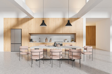 Wooden home kitchen interior with dining table and cooking cabinet, refrigerator