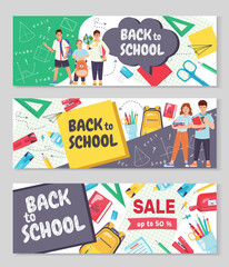 Set of horizontal banners Back to school. Childhood illustration with kids, book, pen, stationery, bag. Collection for print, education, learning. Vector illustrations for poster, advertising, sale