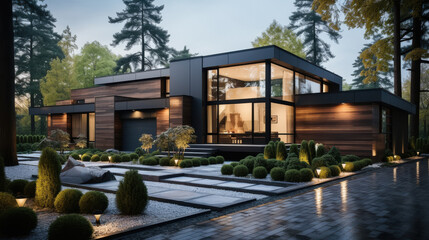 Obraz premium Modern luxury minimalist cubic house, villa with wooden cladding and black panel walls and landscaping design front yard