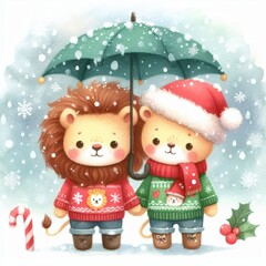 Two cute lions in winter sweaters and hats, holding hands under an umbrella in a snowy scene.