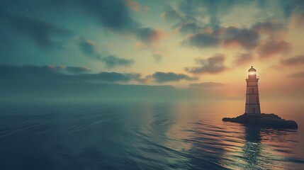 Lighthouse stands tall on a small rocky island in the middle of a vast ocean. The sky is ablaze with the colors of a beautiful sunset, reflecting the vibrant colors of the sky.