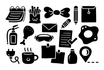 Collection of Silhouette cartoon doodle of Assorted of items and Food, Vector, Illustration.