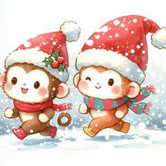 Two cute monkeys wearing Santa hats and scarves run through the snow.