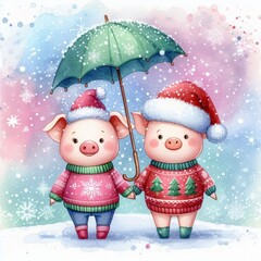 Two cute pigs in Christmas sweaters and hats share an umbrella in the snow.