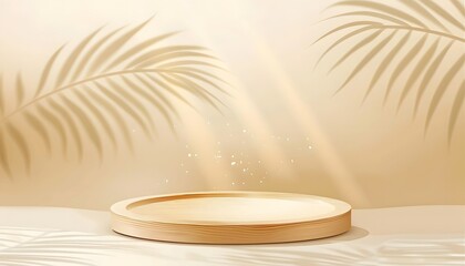 Obraz premium wood podium with tropical leaf on beige background