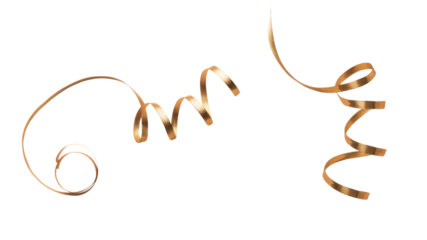 A thin curly gold ribbon for Christmas and birthday present banner isolated against a white background.