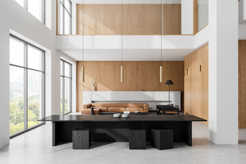 Stylish home living room interior with dining and rest zone, panoramic window