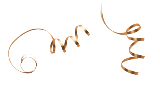 A thin curly gold ribbon for Christmas and birthday present banner isolated against a white background.