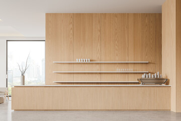 Wooden cafe interior with bar counter, shelf with dishes and panoramic window
