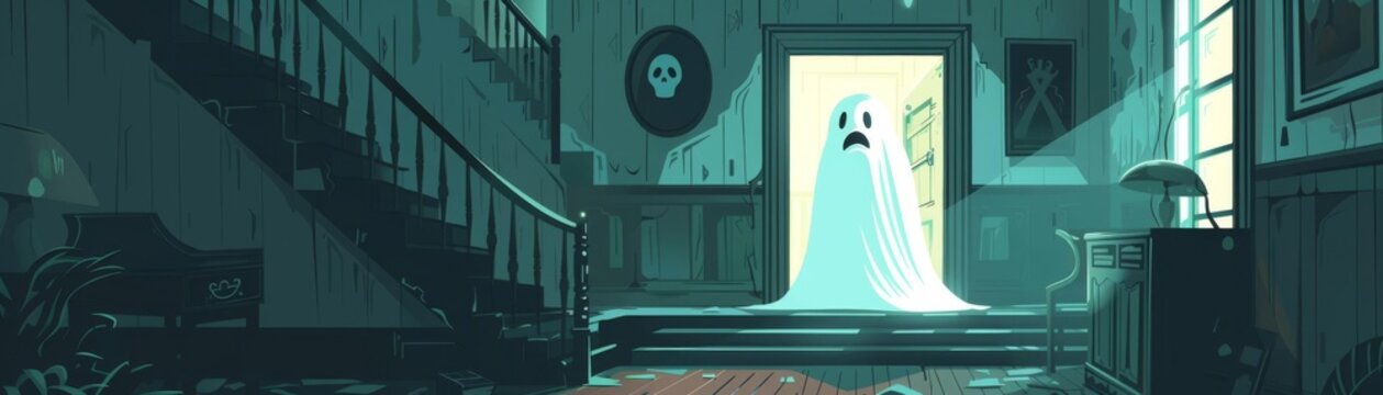 Alarmed figure in an abandoned mansion, ghostly presence, flat design illustration