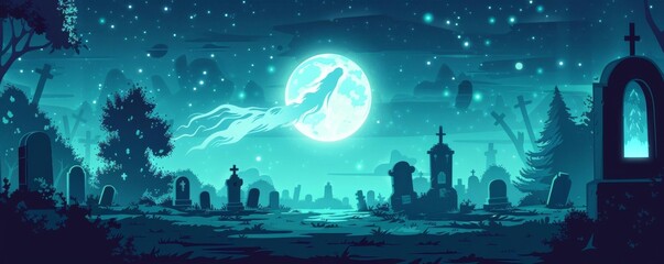 Apparition hovering in a moonlit cemetery, spectral light, flat design illustration