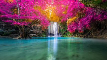Amazing in nature, beautiful waterfall at colorful autumn forest in fall season	