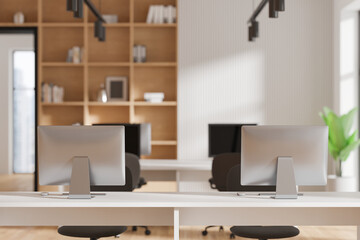 Coworking space in office room interior with furniture and window, mockup