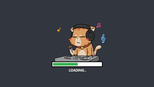 Loading Cartoon Animation Video on Black and Green Screen Background | Music Theme | DJ Cat | Download Progress, Preloader Animation Web Design Template. Seamless Loop Animation 4K