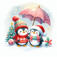 Fototapeta premium Two penguins in winter attire share an umbrella in a snowy landscape with a Christmas tree.