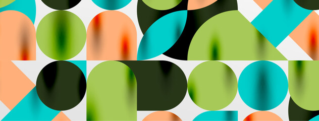 Mosaic geometric elements. Colorful circles, round geometric shapes and lines with shadow 3d effects. Simple forms abstract background for wallpaper, banner, template or landing