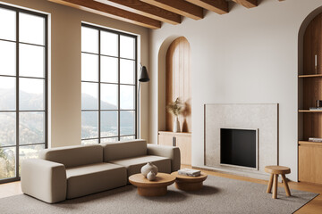 Home living room interior with couch and coffee table, fireplace and window
