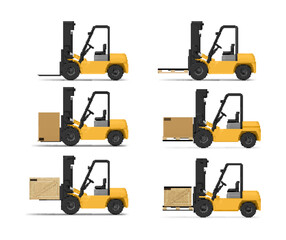 Loader forklift with loads cardboard box wooden crate pallet side view set realistic vector