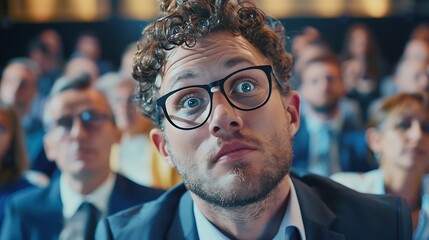 Businessman in glasses looks surprised at presentation in conference room with focus on face and expression attention and curiosity for professional engagement concept.