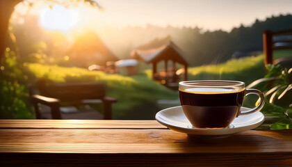 Fototapeta premium Black coffee in the morning in a small coffee shop in the countryside.