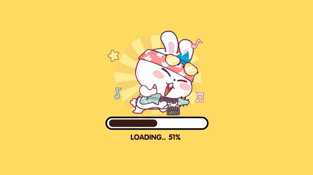Loading Cartoon Animation Video on Yellow and Green Screen Background | Music Theme | Rabbit Guitar | Download Progress, Preloader Animation Web Design Template. Seamless Loop Animation 4K