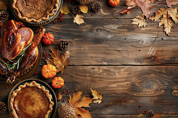 thanksgiving dinner background with turkey and all sides of the dish pumpkin pie autumn leaves and seasonal autumn decor on a wooden background top view copy space.