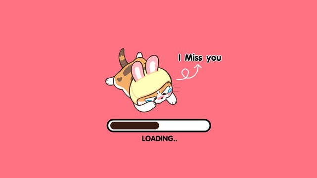 Loading Cartoon Animation Video on Pink and Green Screen Background | Cute Theme | Cat miss you | Download Progress, Preloader Animation Web Design Template. Seamless Loop Animation 4K