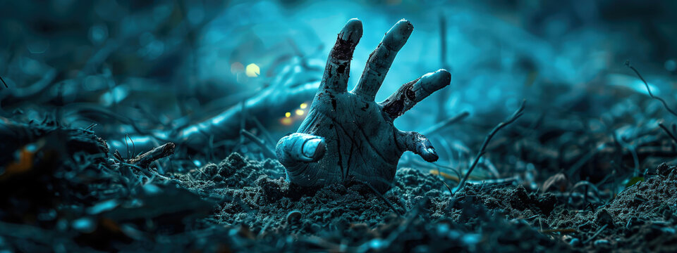 A muddy, skeletal hand emerges from the ground amidst dark vegetation and eerie blue lighting. Haunting, Halloween, or horror themed projects, posters, or social media imagery.