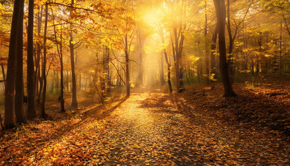 Fototapeta premium Forest path autumn leaves