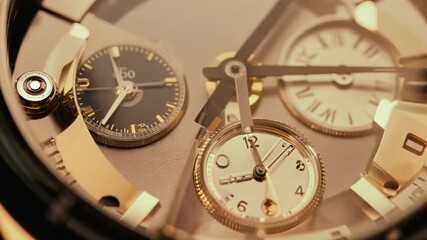 A detailed view of a watch’s inner workings, showcasing the intricate gears, dials, and time indicators crafted in brass